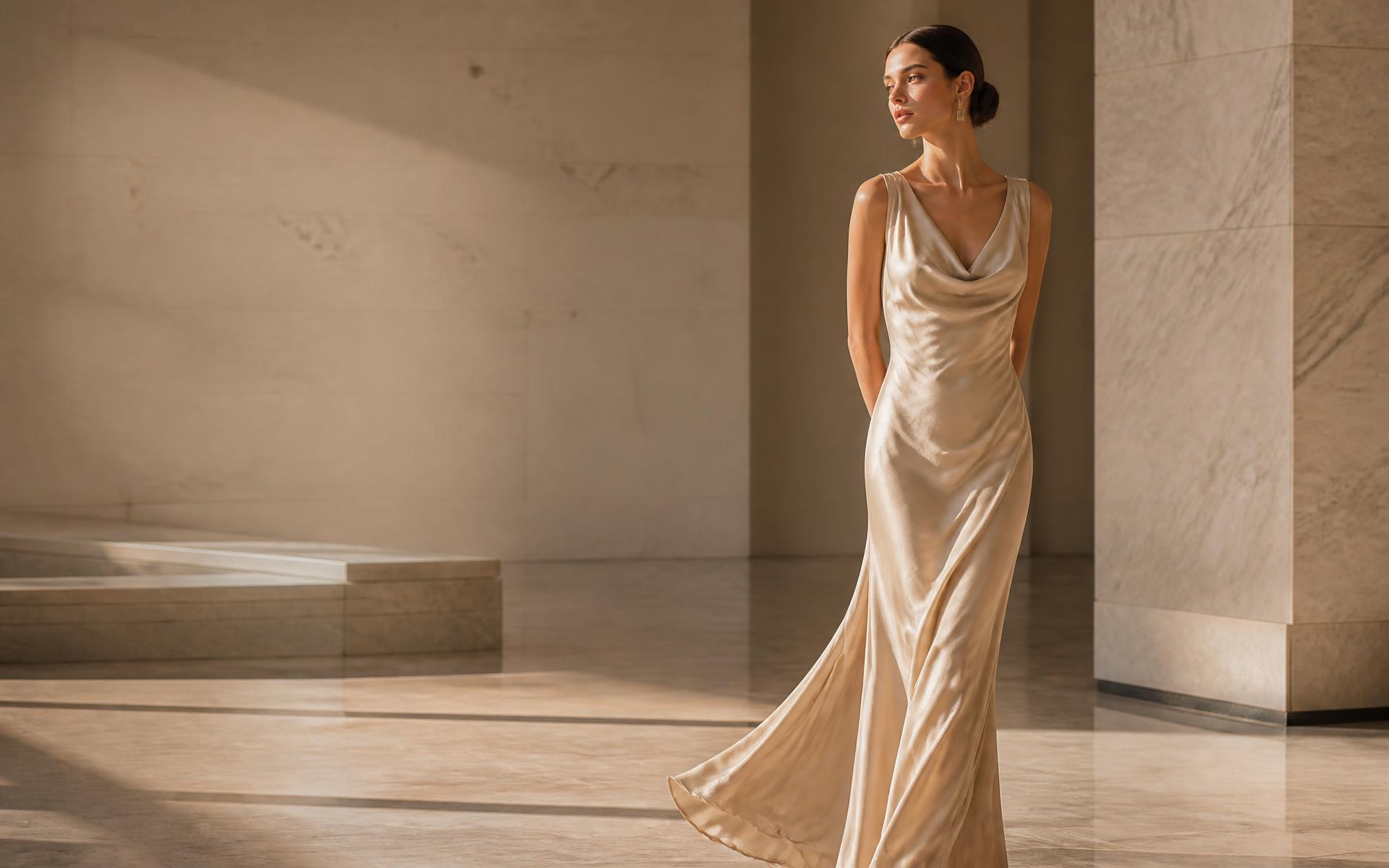Model wearing a champagne silk gown in a sunlit marble atrium